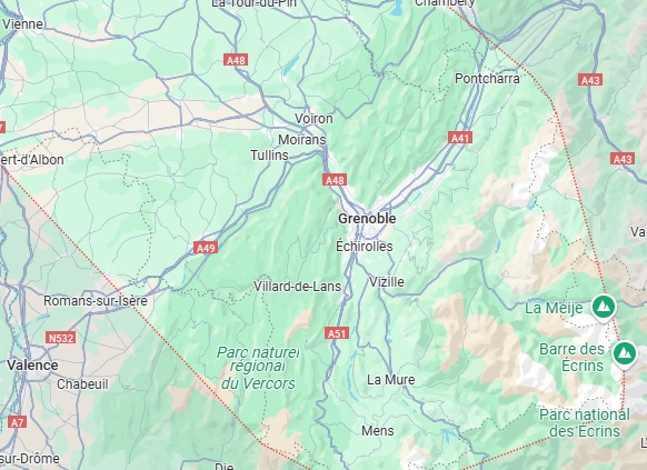 Carte routière de la région de Grenoble, montrant Valence, Romans-sur-Isère, les parcs du Vercors et des Écrins, et les autoroutes A48, A49, A41.