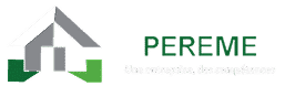 Logo PEREME: maison stylisée grise et verte, avec slogan "Une entreprise, des compétences".