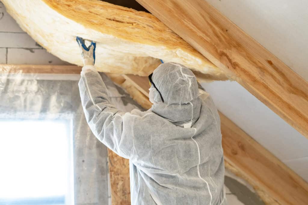 Ouvrier en combinaison de protection, lunettes et gants, installant de l'isolant thermique en rouleau sous les combles. Poussière et poutres en bois apparentes.