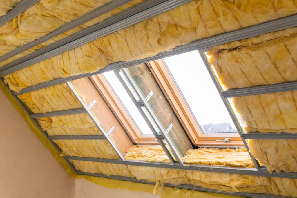 Isolation combles: laine de verre et fenêtre de toit en rénovation Isolation de combles avec laine de verre jaune et profilés métalliques, autour d'une fenêtre de toit en bois, lors d'une rénovation.