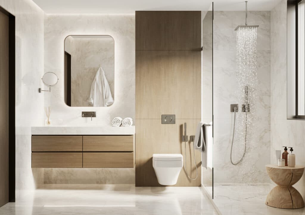 Salle de bain moderne luxueuse: marbre clair, meuble vasque bois, miroir rétroéclairé, douche à l'italienne, WC suspendu, tabouret en bois.